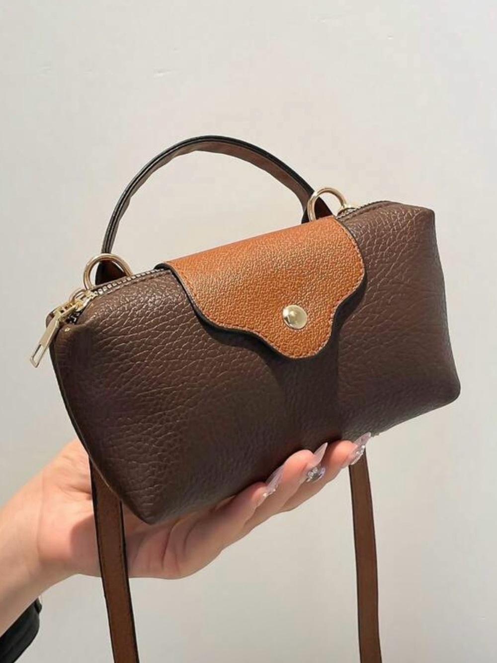 Brown Two-Tone Leatherette Top-Handle Crossbody Bag